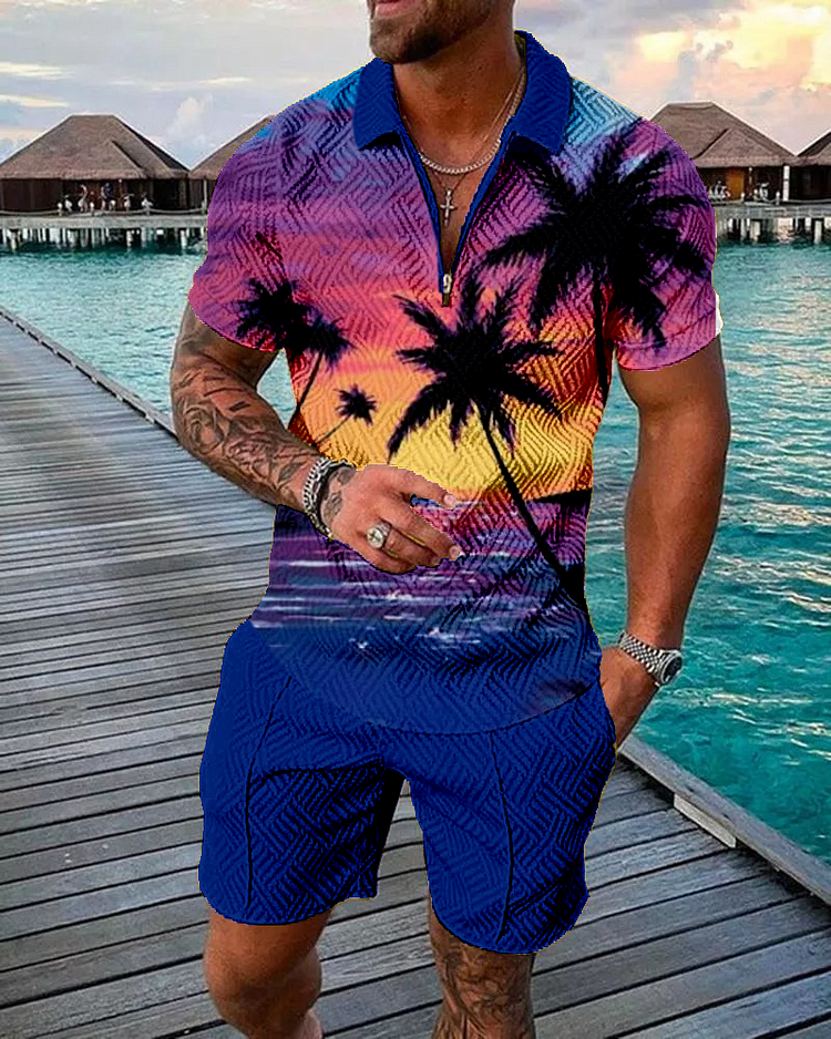 Men's Vacation Palm Tree Reflection Printed Polo Suit
