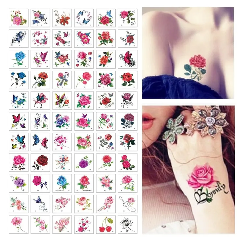 66pcs/Set No Repeat Flowers Butterfly Temporary Tattoos Waterproof Girls Body Art Concealer Stickers Disposable Makeup Tools