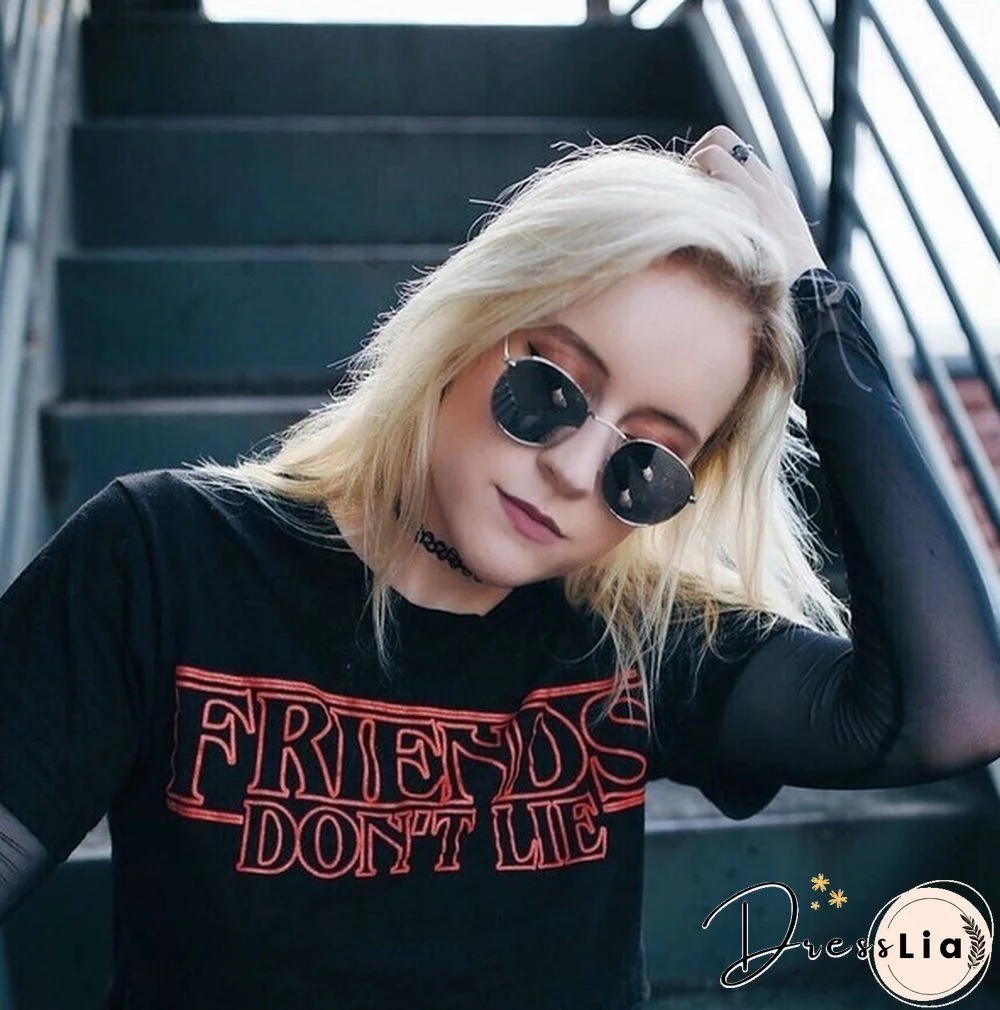 1Pcs Friends Don'T Lie Stranger Things Graphic Tee Unisex Netflix Parody T-Shirt Short Sleeve Cute Grunge Black Tops Gifts