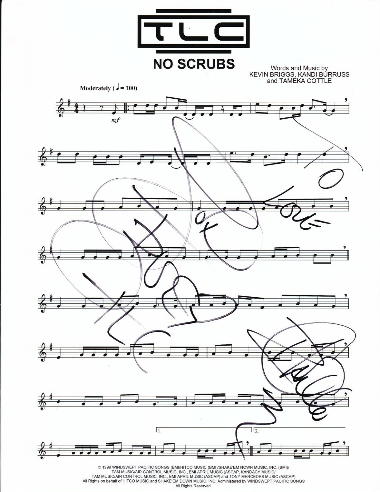 TLC band REAL hand SIGNED No Scrubs Sheet Music COA Autographed Chilli & T-Boz