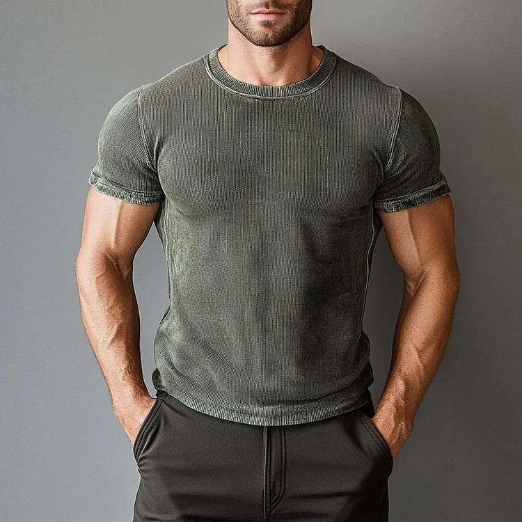 Okaywear Distressed Knitted Solid Crew Neck Short Sleeve T-Shirt Okaywear