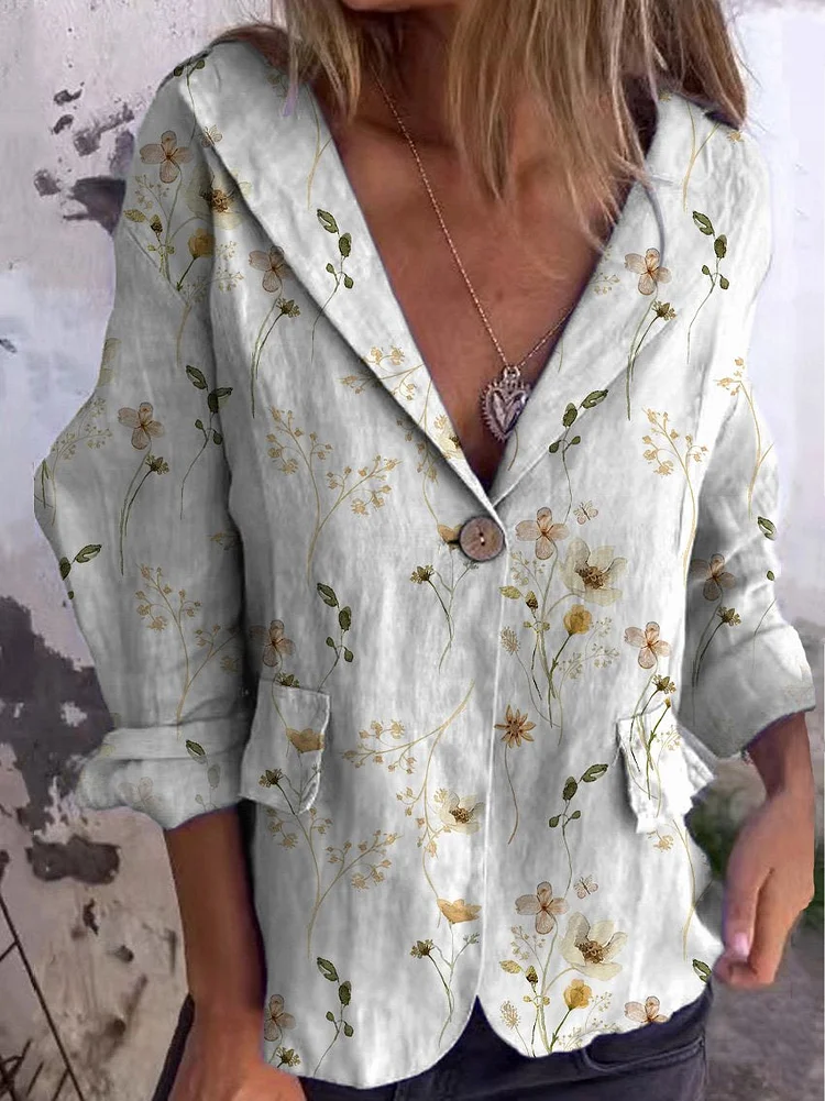 Watercolor Minimalist Spring Floral Pattern Printed Women's Linen And Cotton Pocket Coat