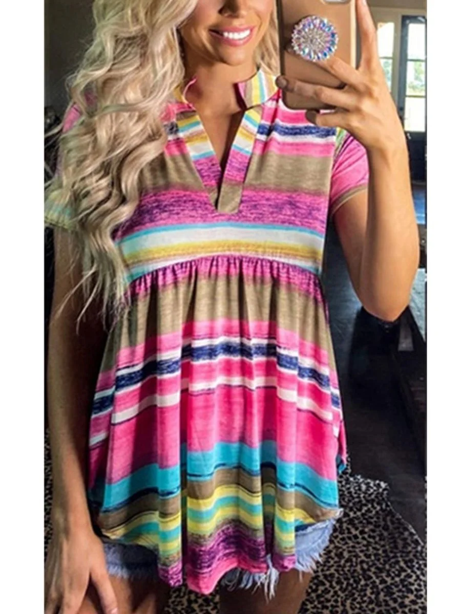 Rainbow Stripes V-Neck Tunic Tops