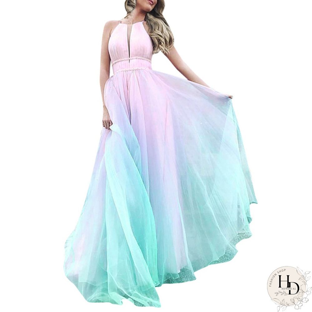 Women Fashion Gradient Mesh Beach Dress Boho Hanging Neck Party Big Swing Dress