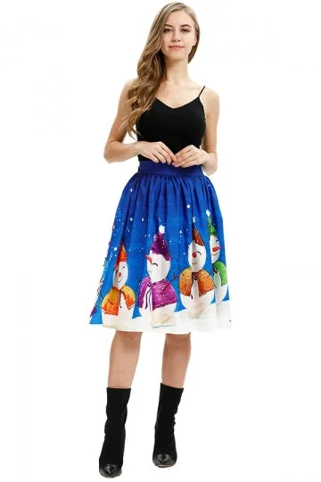High Waisted Cute Snowman Print Christmas Pleated Skirt Sapphire Blue-elleschic