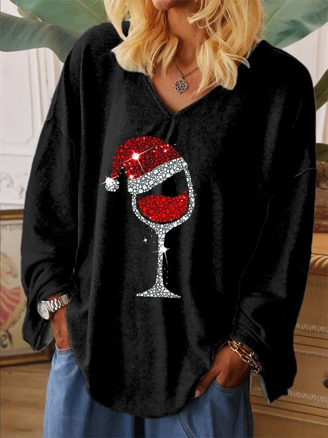 Women's Merry Christmas Wine Glass Casual Long-Sleeve T-Shirt