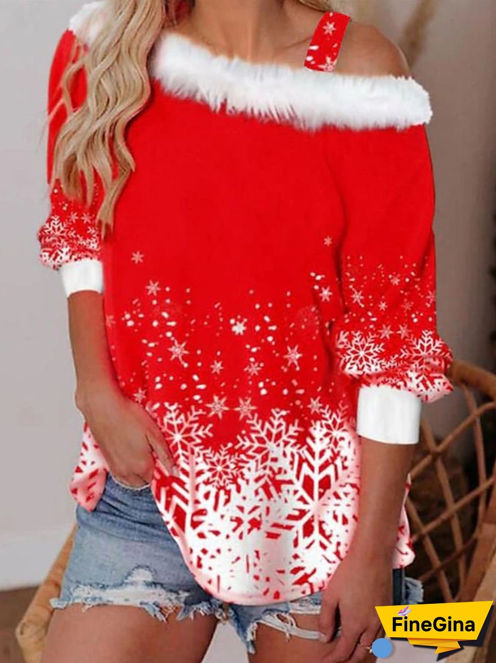 Women's Christmas Snowflake Printed Off Shoulder Fur Collar Casual Top