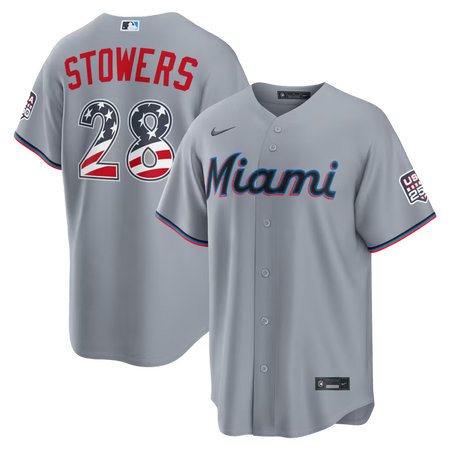 Men's Miami Marlins #28 Kyle Stowers Nike Gray USA 250 Fourth of July Road Stadium Jersey