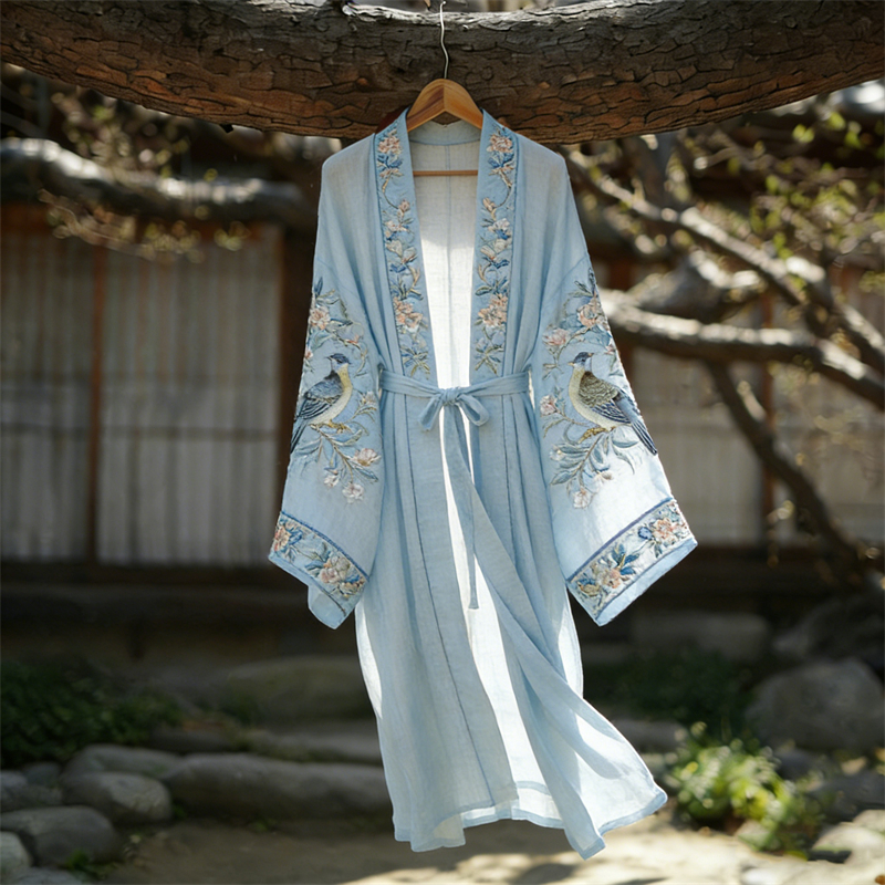 Classy Birds Floral Japanese Tied Flowy Linen Long Kimono wearshes