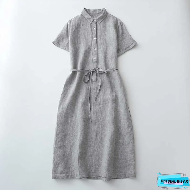 Linen Front Half-open Buckle Waist Lace-up Short Sleeve Dress