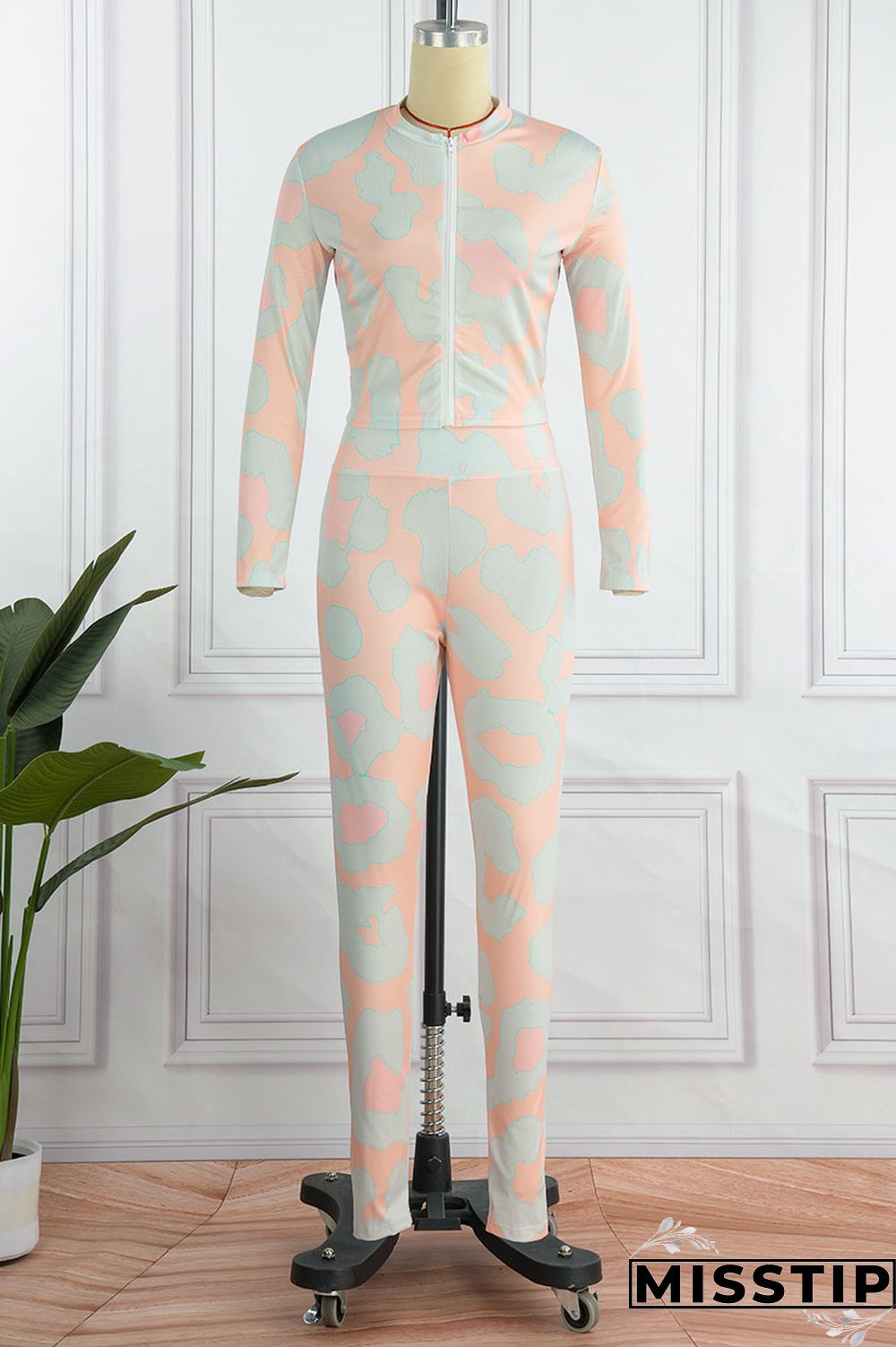 Yellow Pink Casual Print Patchwork Zipper Long Sleeve Two Pieces