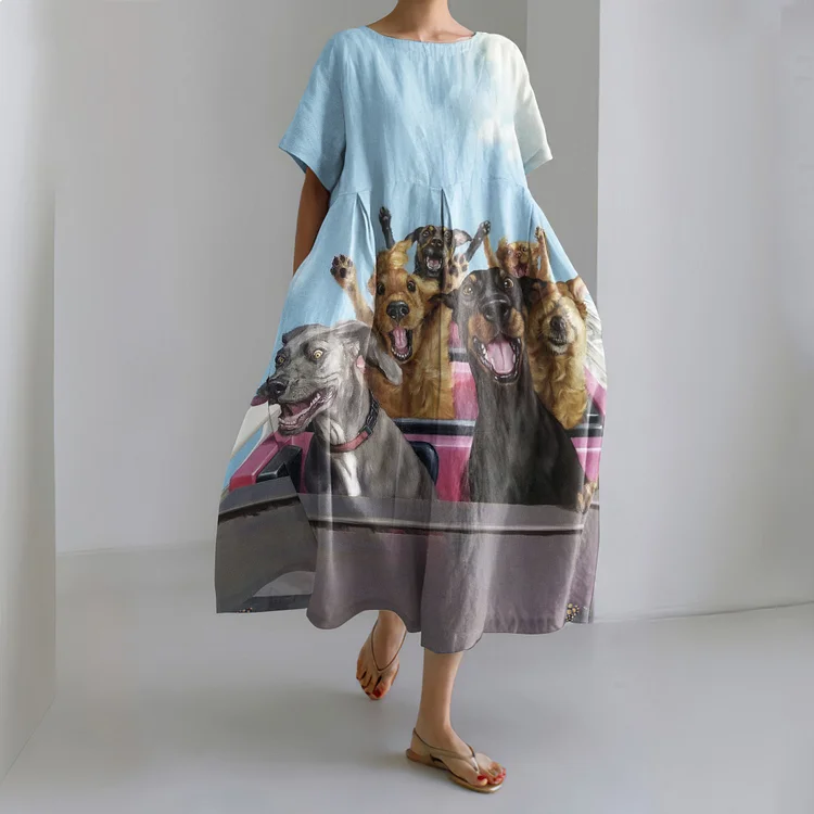 Happy Dog Print Short Sleeve Loose Midi Dress