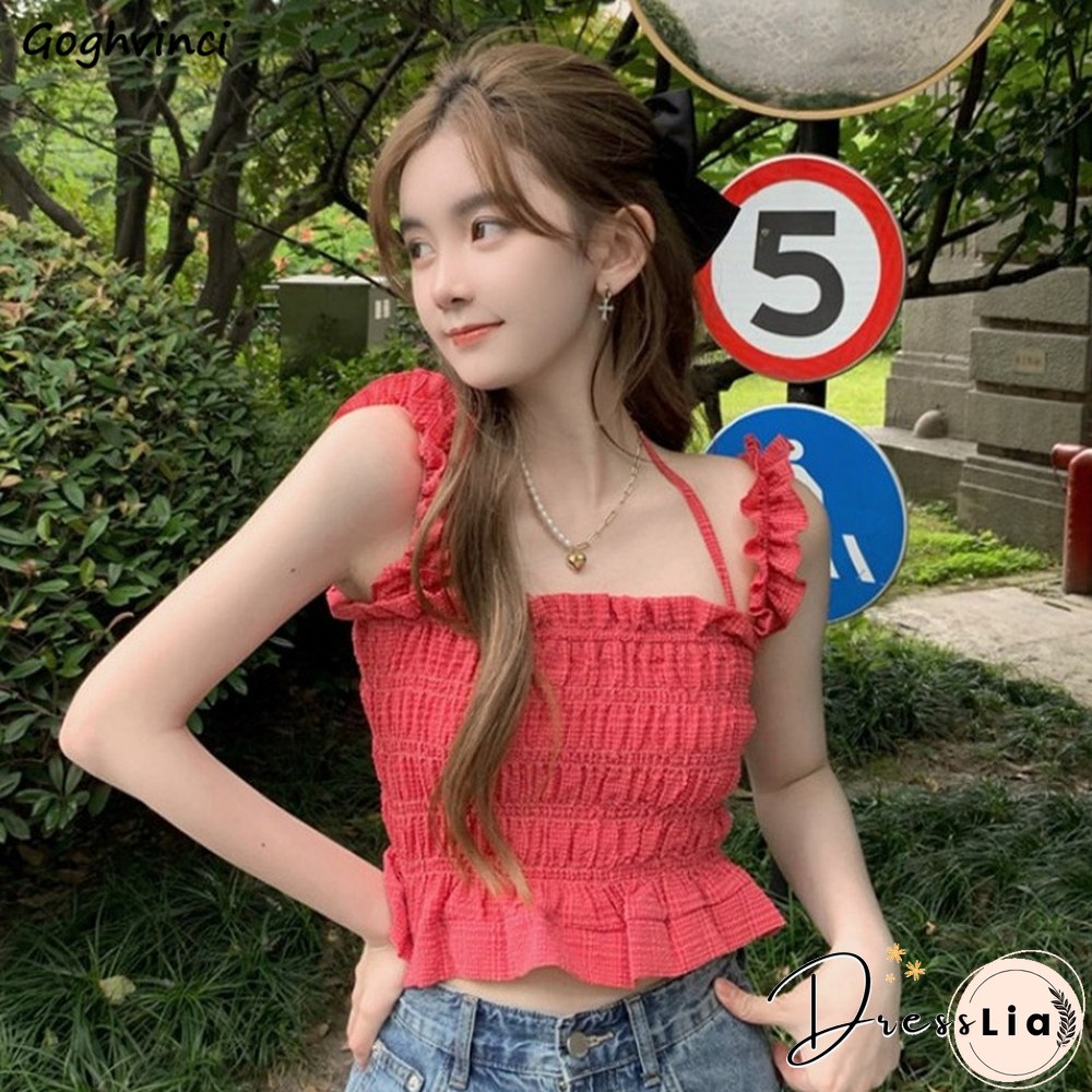 Camisole Women Folds Solid Breathable Summer Sleeveless Cropped Tank Tops Basic Sweet Ulzzang Stylish Hot Sale Mujer Chic Camis