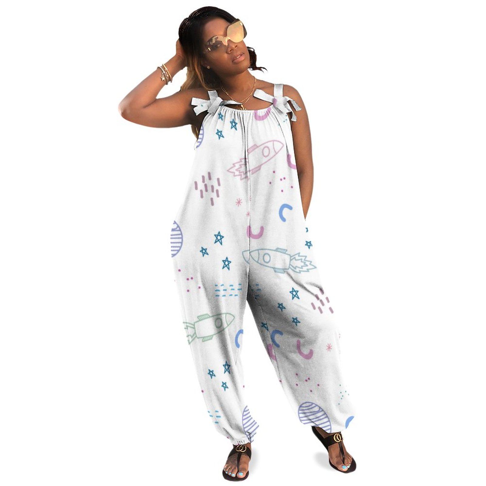 Cute Space Rockets Pattern Women Plus Size Jumpsuit Summer Loose Harem Pants Formal Wedding Jumpsuit Rompers For Curvy Women Casual Long Length Pockets