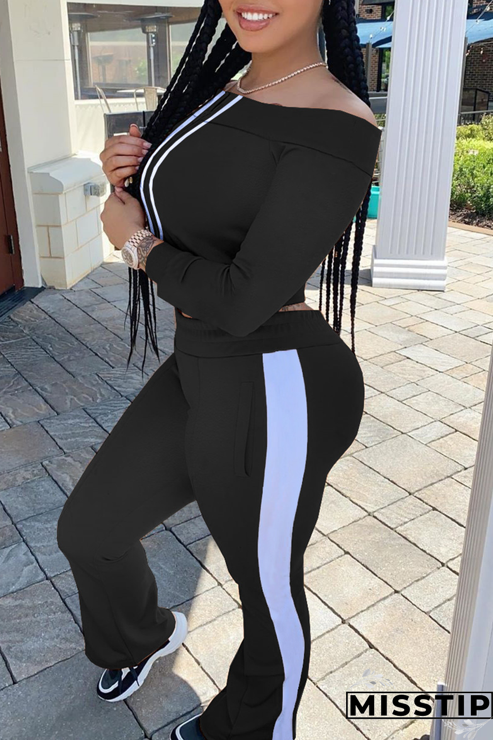 Black Casual Solid Patchwork Off the Shoulder Long Sleeve Two Pieces