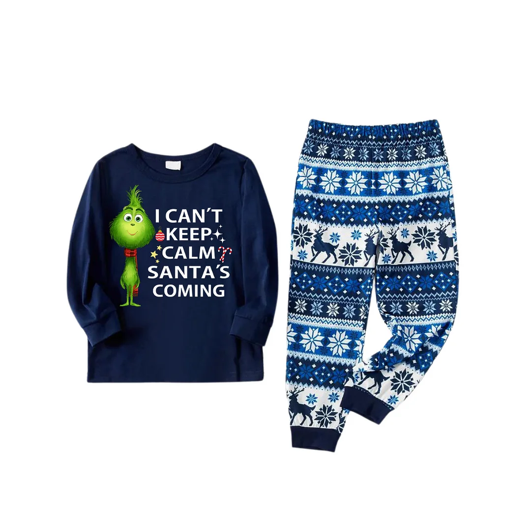 "I Can't Keep Calm, Santa's Coming" Slogan Printed Blue Christmas Matching Pajamas