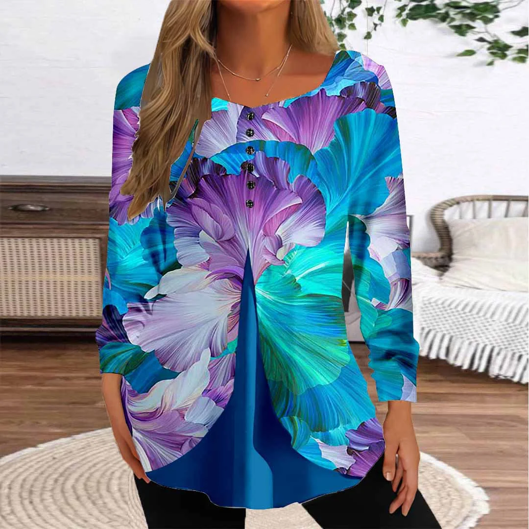 Women Graphic,Blue DZGG8385 Long Sleeve Scoop Neck Printed Graphic Button Fake 2in1 Tops