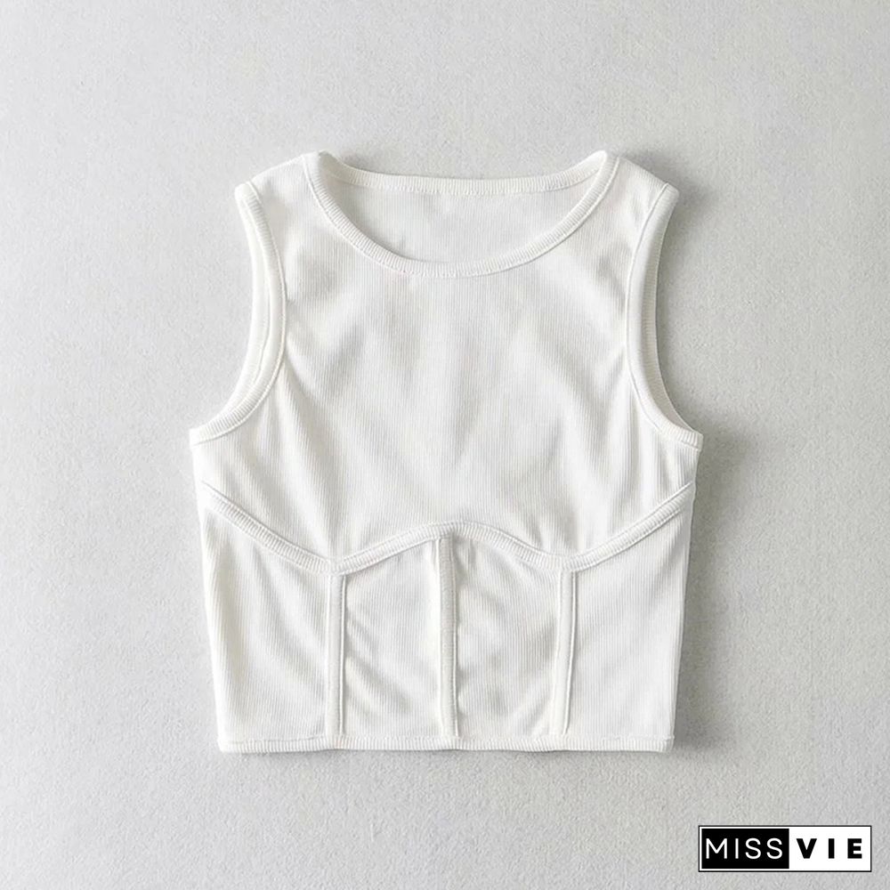 Summer Womens Streetwear Corset Crop Top Elastic Cotton Sleeveless O-Neck Solid Sexy Tank