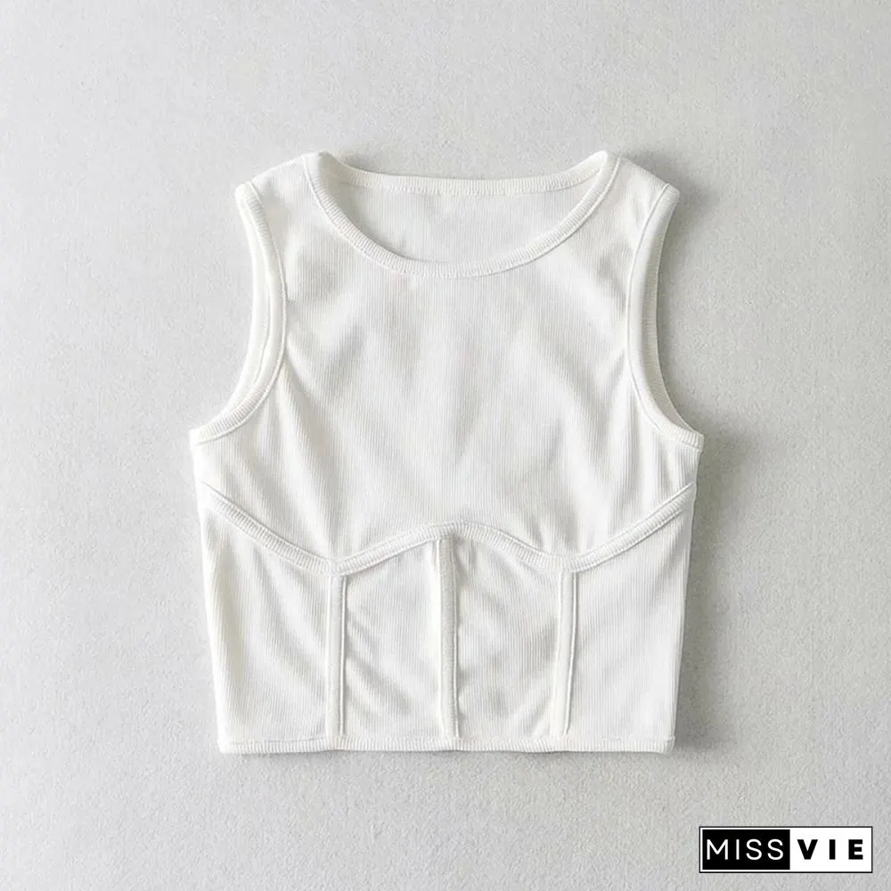 Summer Womens Streetwear Corset Crop Top Elastic Cotton Sleeveless O-Neck Solid Sexy Tank