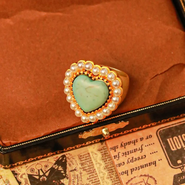 Olivenorma Turquoise Pearl Heart Shape Adjustable Ring