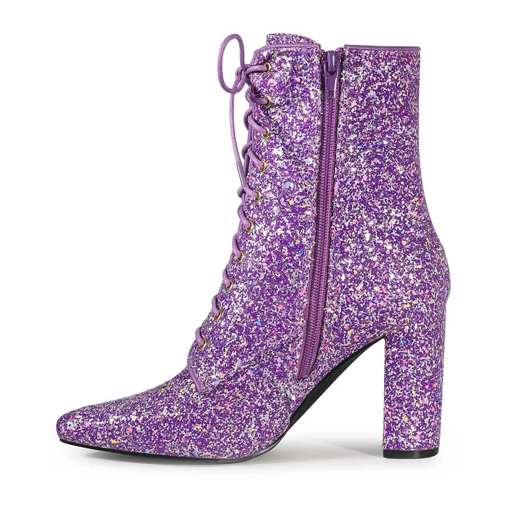 Women's Purple Pointed Toe Lace Up Side Zipper Glitter Heeled Booties