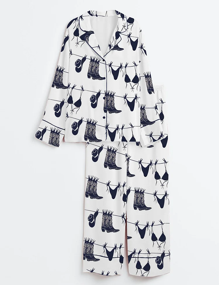 Women&rsquo;s Coastal Western Cowgirl Bikini Art Print Navy Bikini Hanging Beach Print Long Sleeve Satin Pajama Set