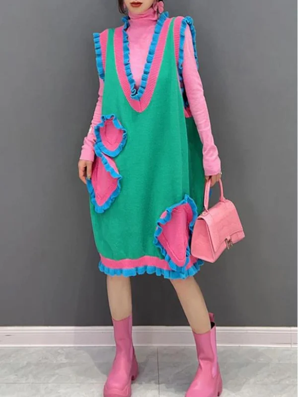 V-neck Contrasting Patchwork Ruffled Knit  Midi Dress