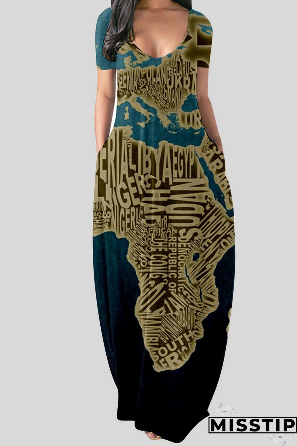 Black Casual Print Patchwork V Neck Straight Dresses
