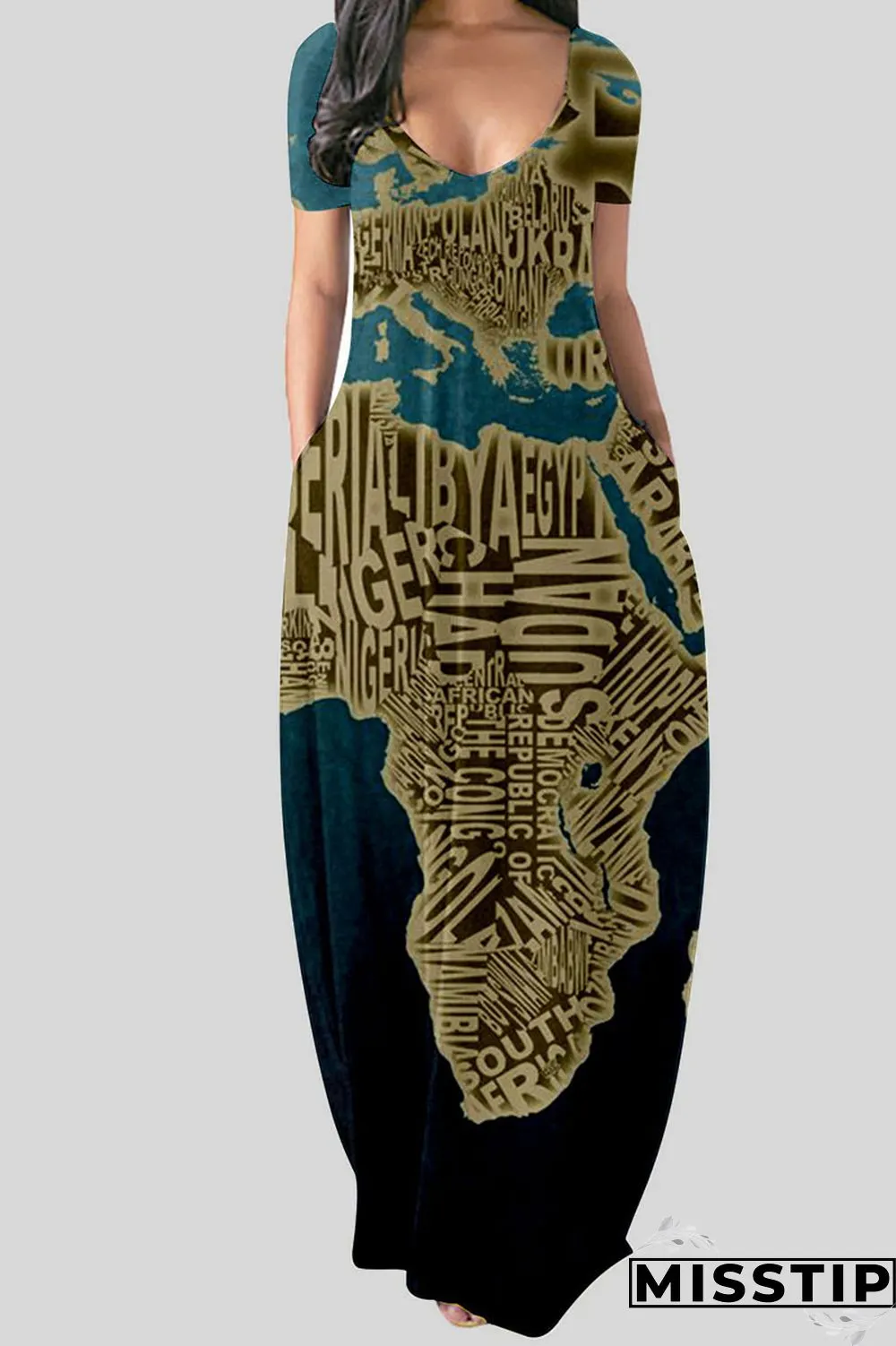 Black Casual Print Patchwork V Neck Straight Dresses