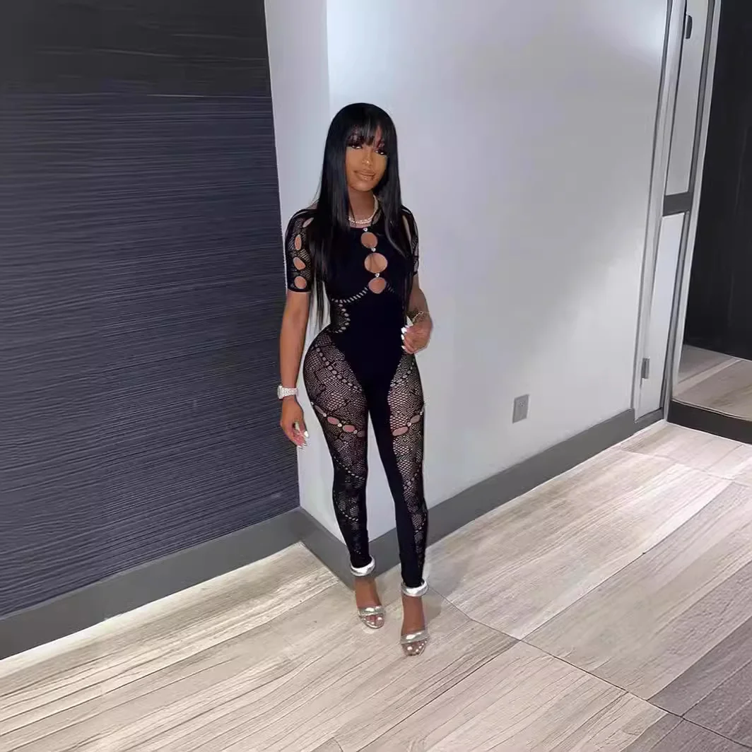 Uveng Uveng Female Solid Color Round Collar Hollow Short Sleeve Lace Sexy Body Knit Short Sleeve Jumpsuit