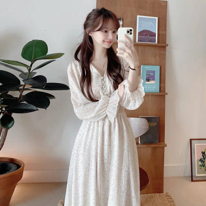 Churchf Churchf Chic Spring French Sweet V Collar Full Screen Floral Design Pleated Feeling Waist Show Thin Long-Sleeved Dress