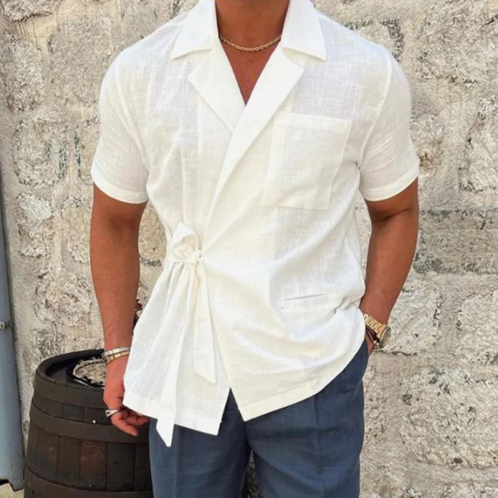 Smiledeer New Men's Plain Linen Short Sleeve Lapel Shirt