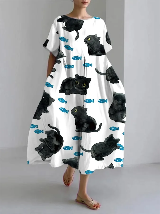 Women's Cute Cat Short Sleeve Linen Blend Midi Dress