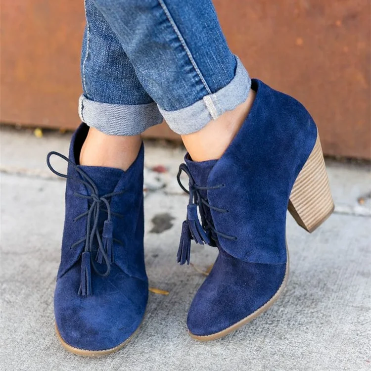 Blue Vegan Suede Lace Up Fringe Block Heel Ankle Boots |FSJ Shoes