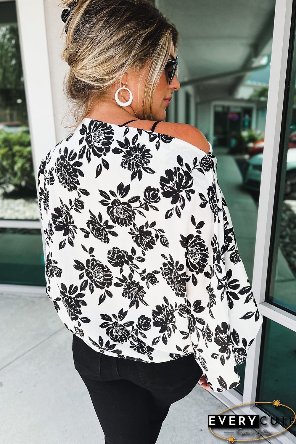 White Opposites Attract Boat Neck Floral Dolman Sleeve Top