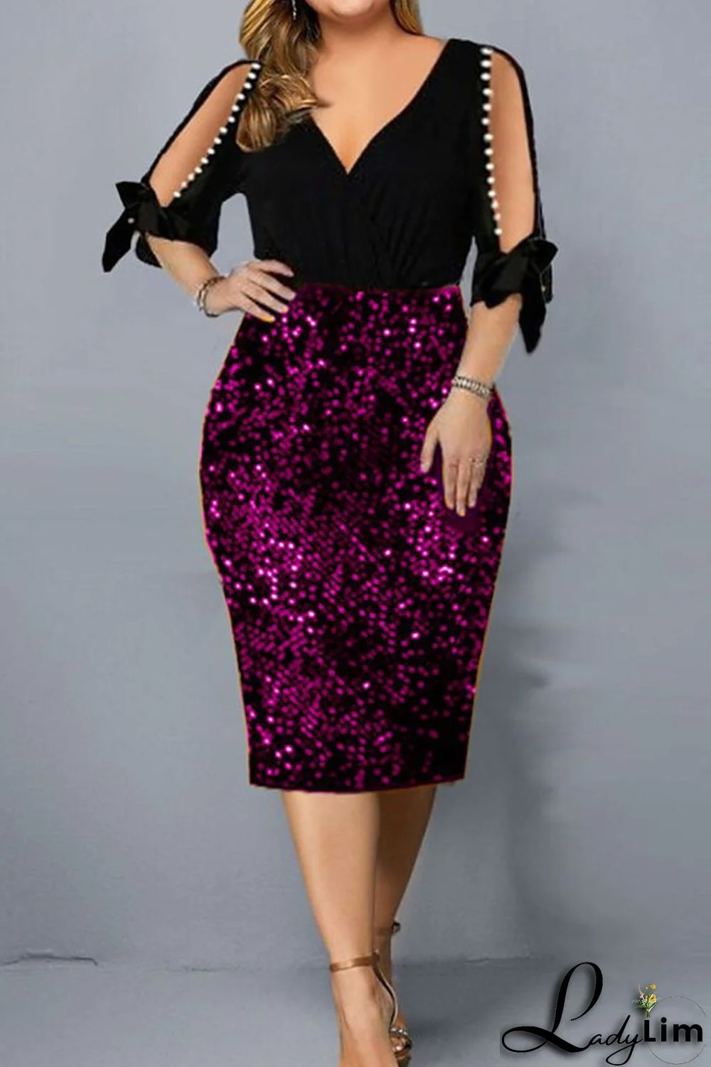 Purple Sexy Solid Sequins Patchwork Beading V Neck Dresses