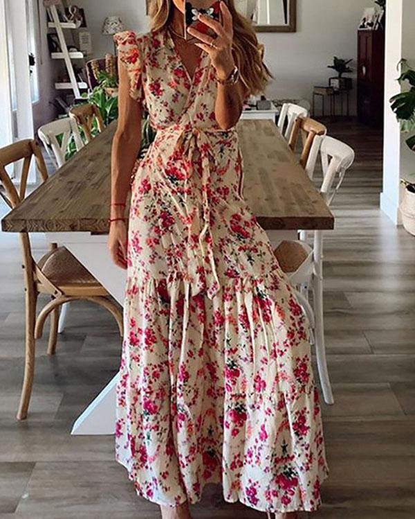 Print/Floral Short Sleeves A-line Casual/Vacation Maxi Dresses - Chicaggo