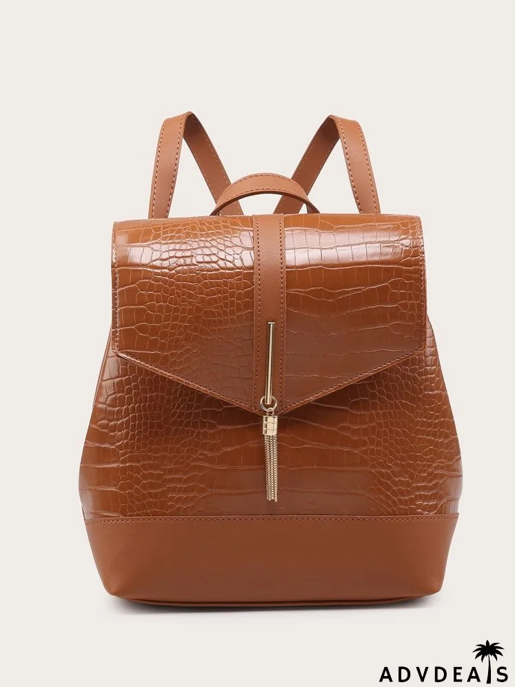 Tassel Decor Croc Embossed Flap Backpack