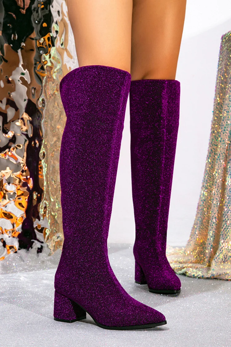 Festival Purple Zipper Thick High Heels Knee High Boots