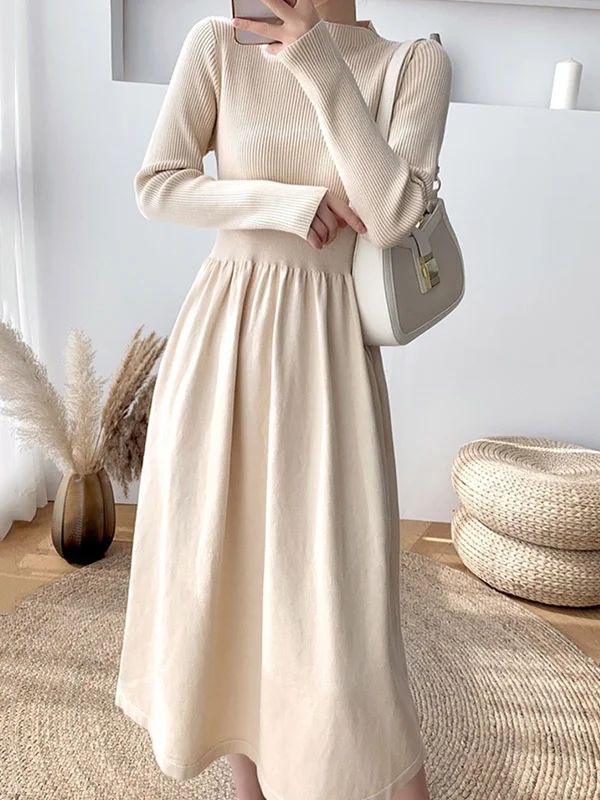 Casual Pure Color Pleated Stand Collar Long Sleeves Sweater Dress