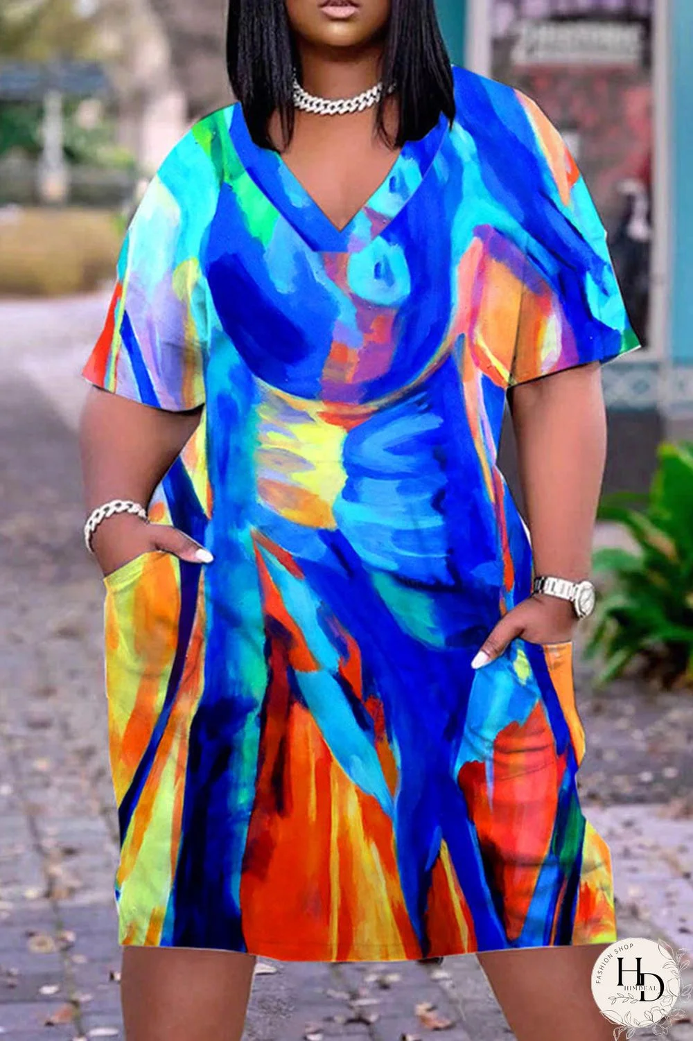 Blue Casual Print Basic V Neck Short Sleeve Dress Dresses
