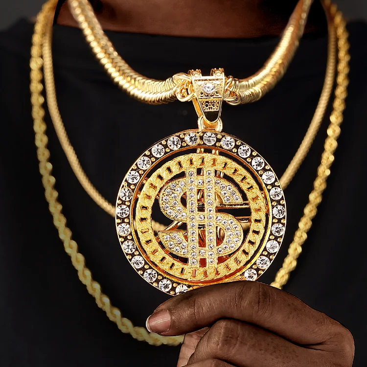 Iced Out Hip Hop Bling Turn Dollar Gold Pendant-VESSFUL