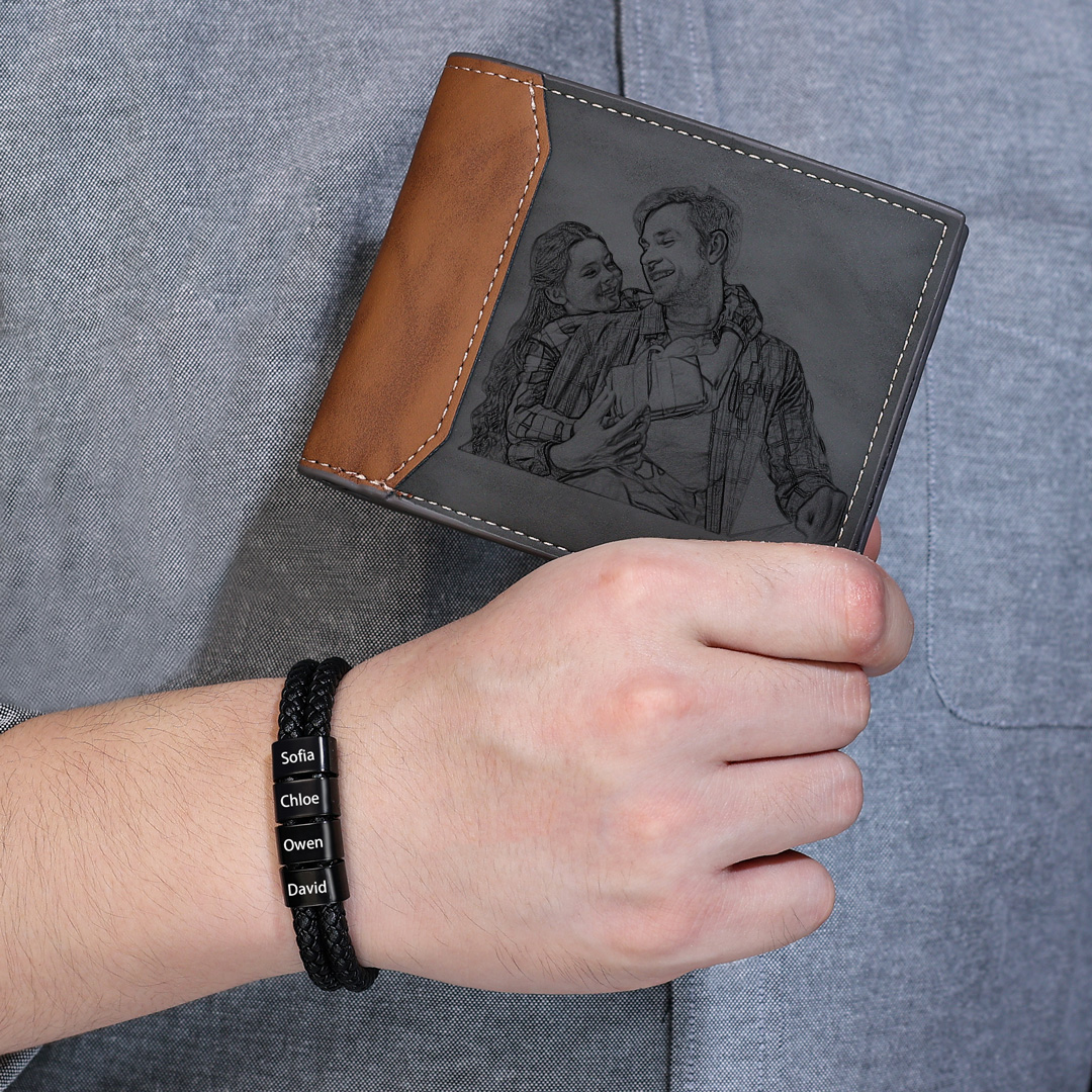 Black Personalised 1 Photo & 1 Letter & 5 Names Gift Set Custom Wallet & Bracelet & Pen Gift Box Set Father’s Day Gifts