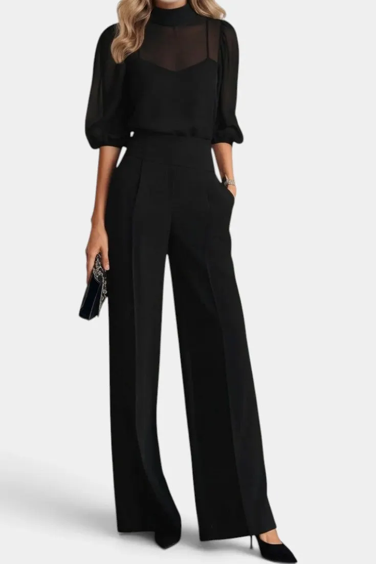 Chiffon High-Neck Top with Wide-Leg Trousers Set