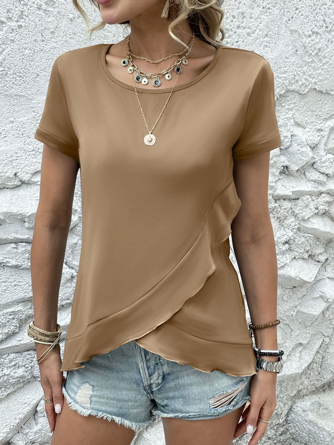 Women plus size clothing Women's Lotus Leaf Short Sleeve Scoop Neck Slim Fit T-shirt-Nordswear
