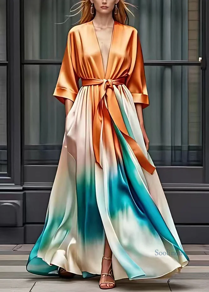 Pre sale - shipping in 30 days/Style Orange V Neck Flattering Silk Maxi Dresses Half Sleeve