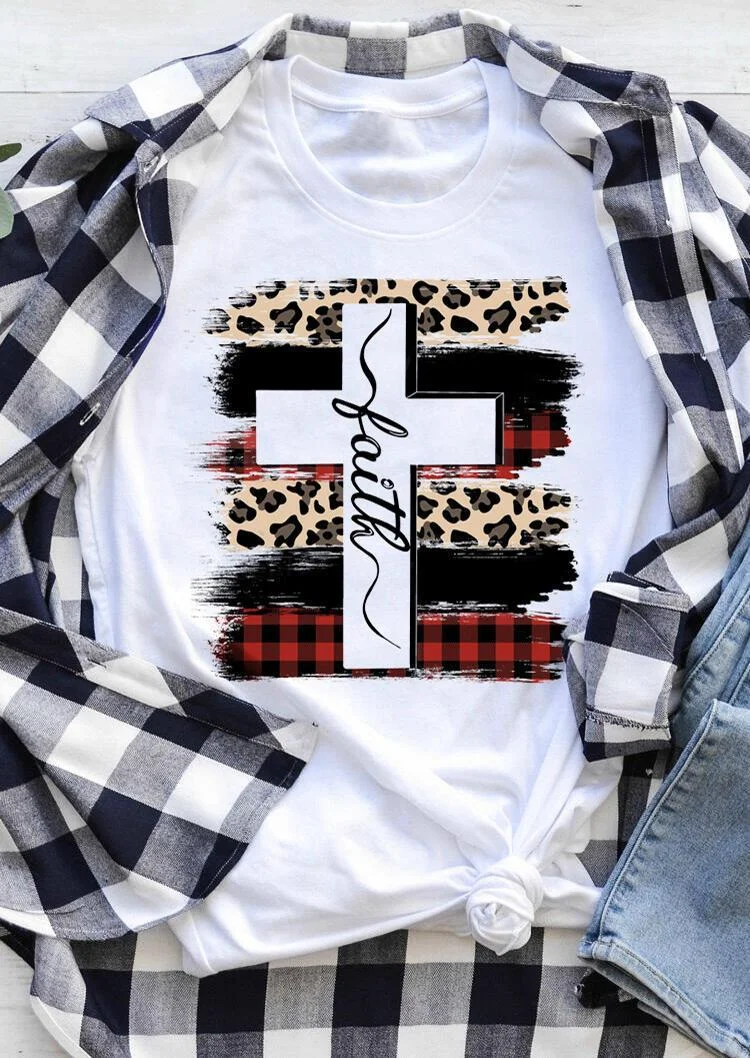 Faith Cross Plaid Leopard Printed T-Shirt