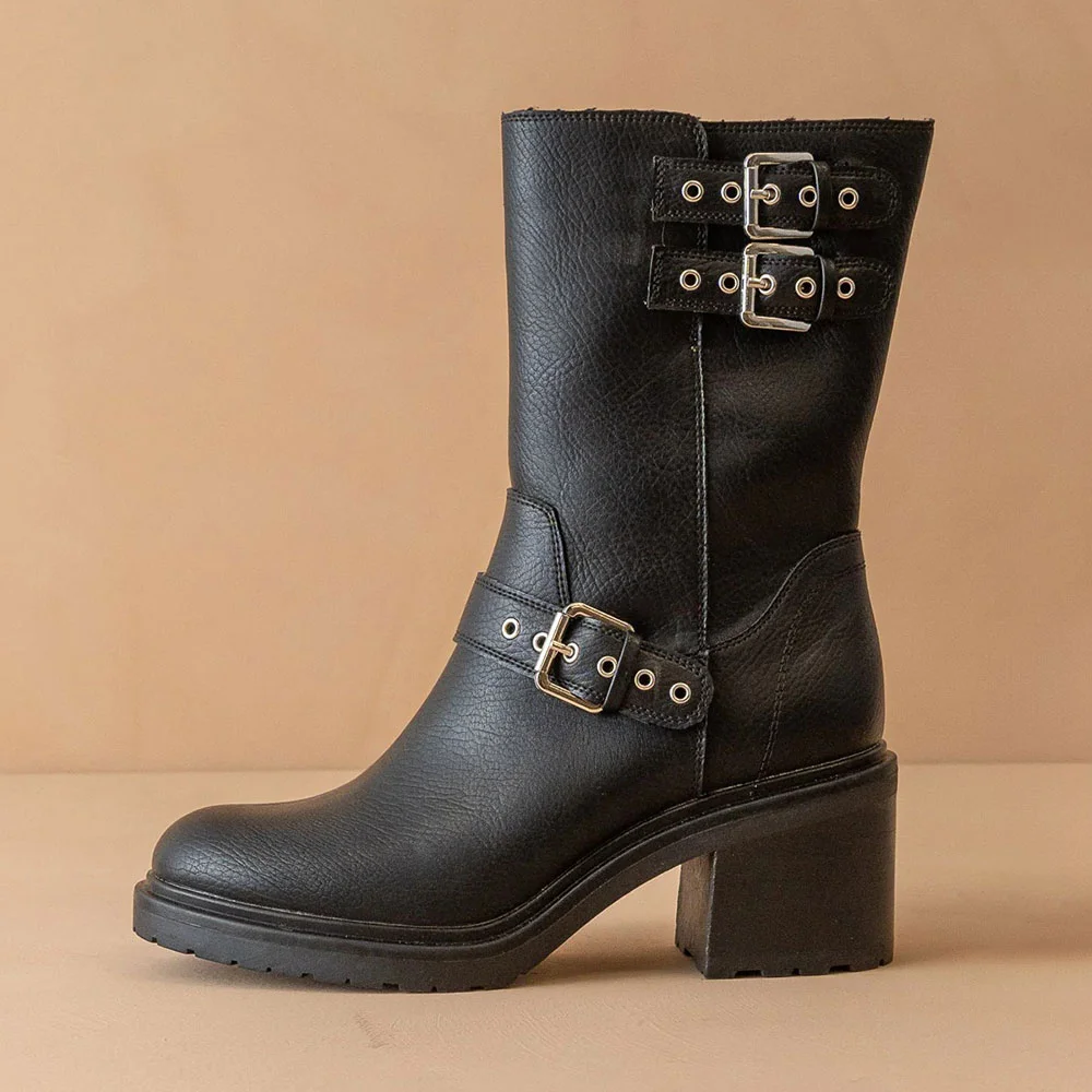 Black Round Toe Chunky Heel Buckle Women's Motorcycle Bootie