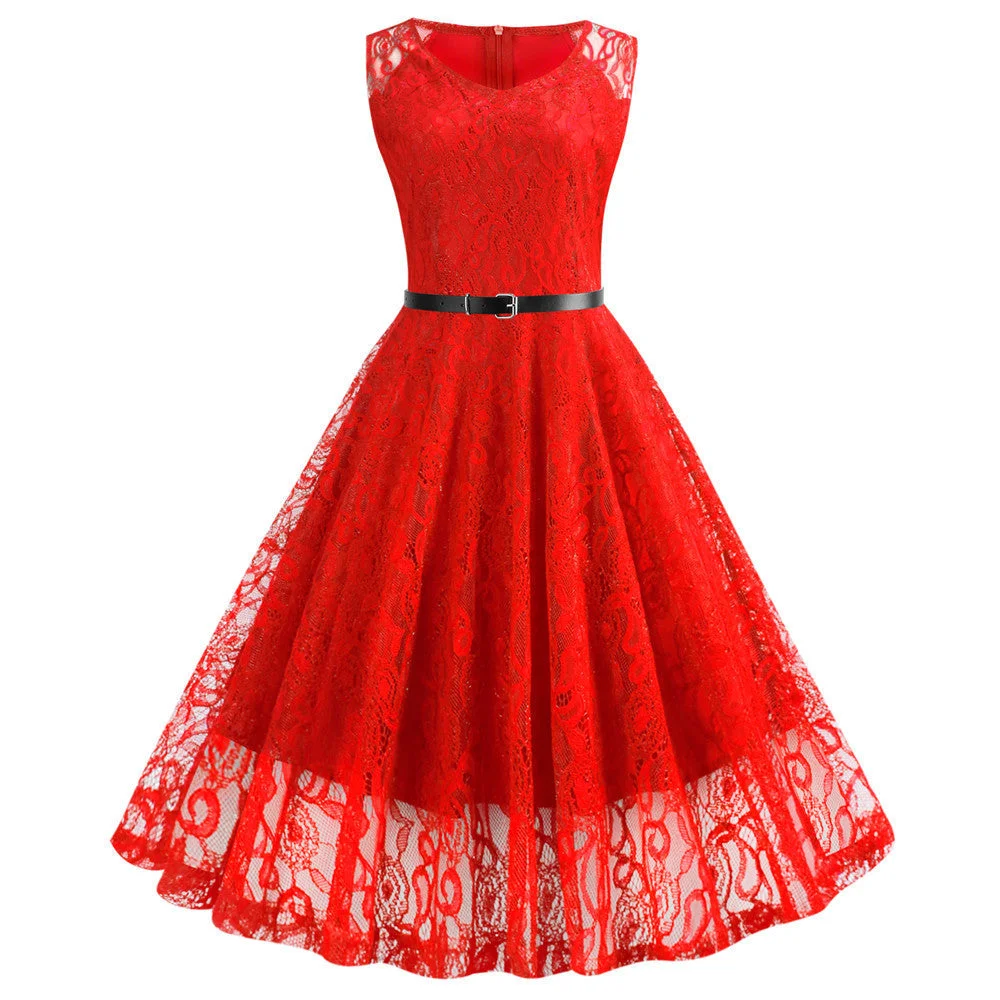Vintage Lace Dress For Women Sexy Round Neck Belted Swing Dress