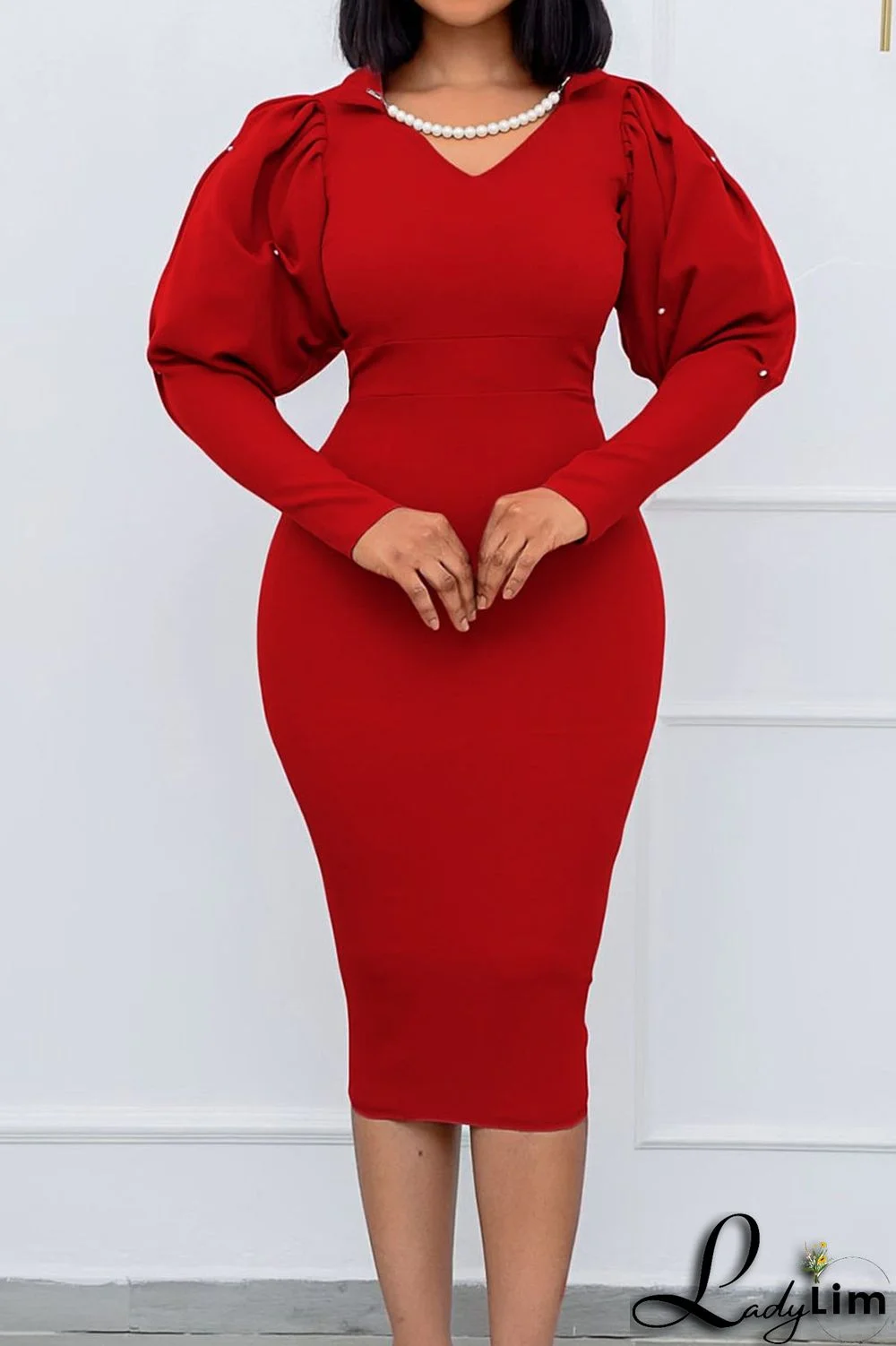 Red Casual Solid Split Joint Beading V Neck One Step Skirt Dresses